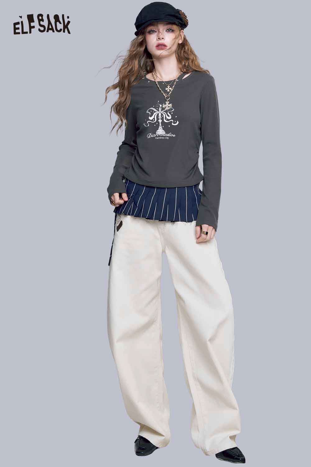 ELFSACK asymmetric neckline graphic tee in dark gray with unique print and layered style
