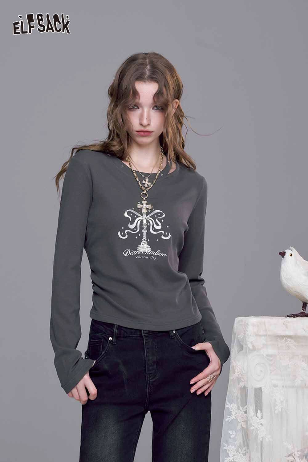 ELFSACK asymmetric neckline graphic tee in gray with intricate design for a stylish casual look