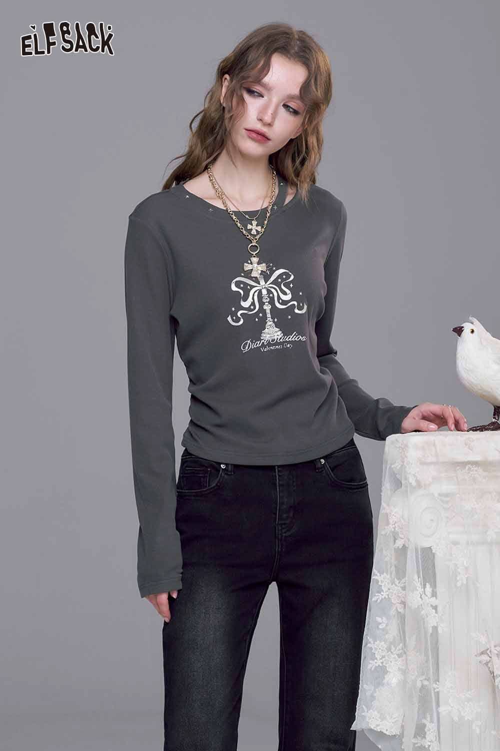 ELFSACK Asymmetric Neckline Graphic Tee in Gray with Unique Bow Design for Trendy Outfits