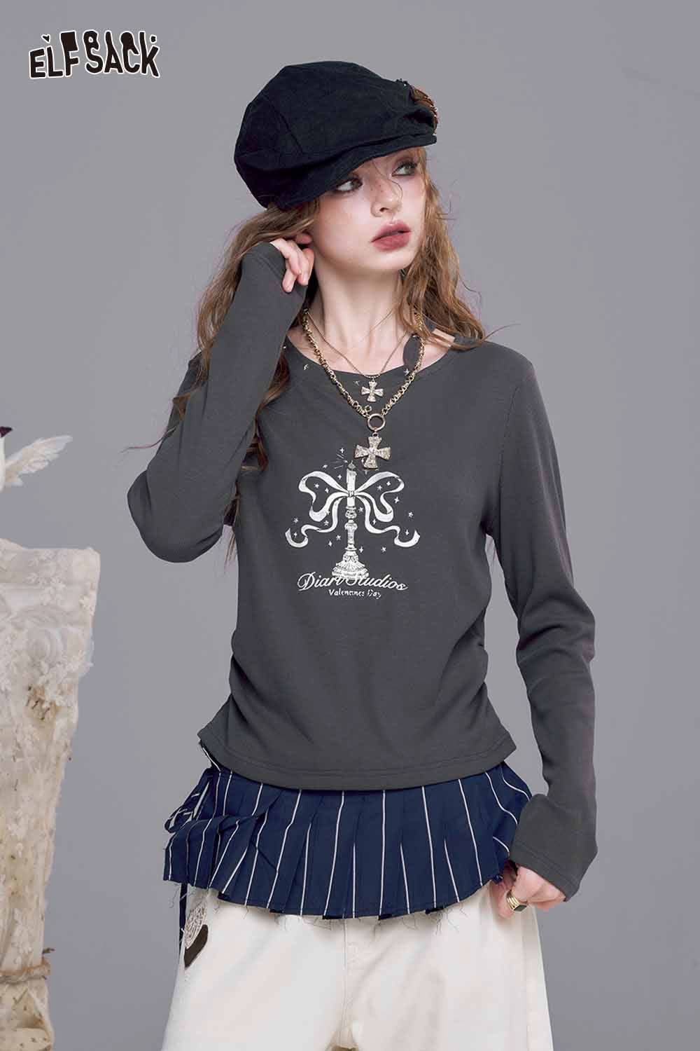 ELFSACK Asymmetric neckline graphic tee in gray with stylish design and layered look