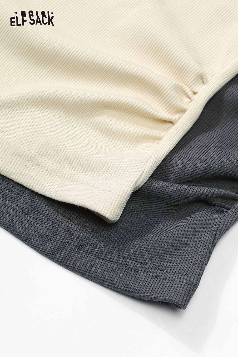 ELFSACK asymmetric neckline graphic tee in cream and gray ribbed fabric for a trendy look