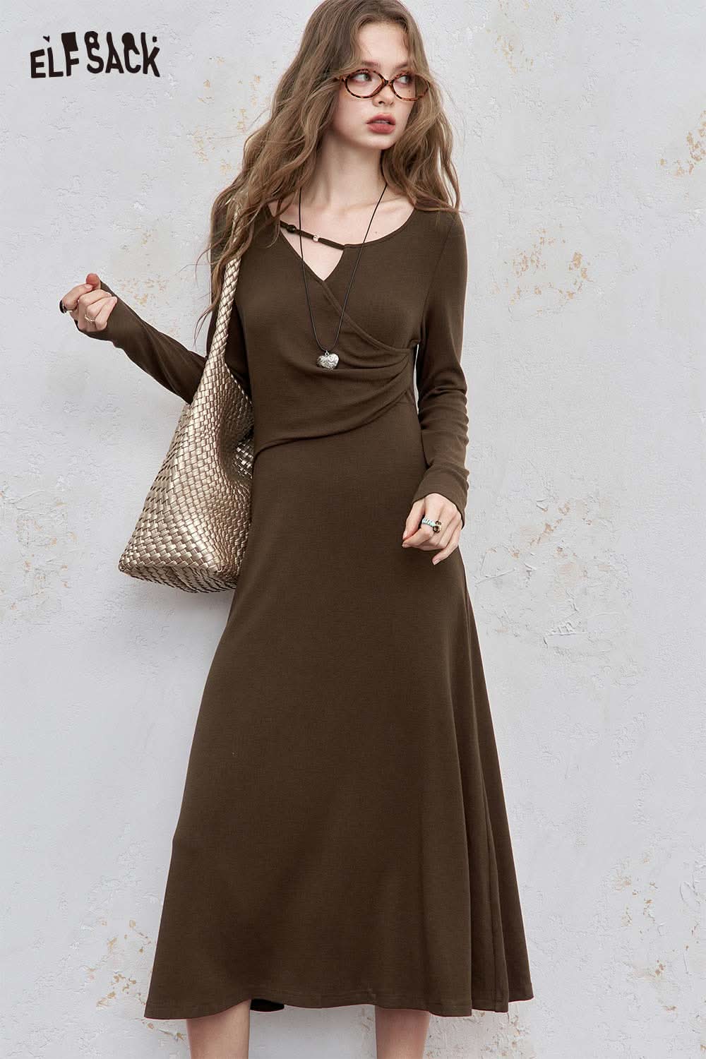 ELFSACK asymmetric neckline midi dress in brown with long sleeves and a flowing skirt style