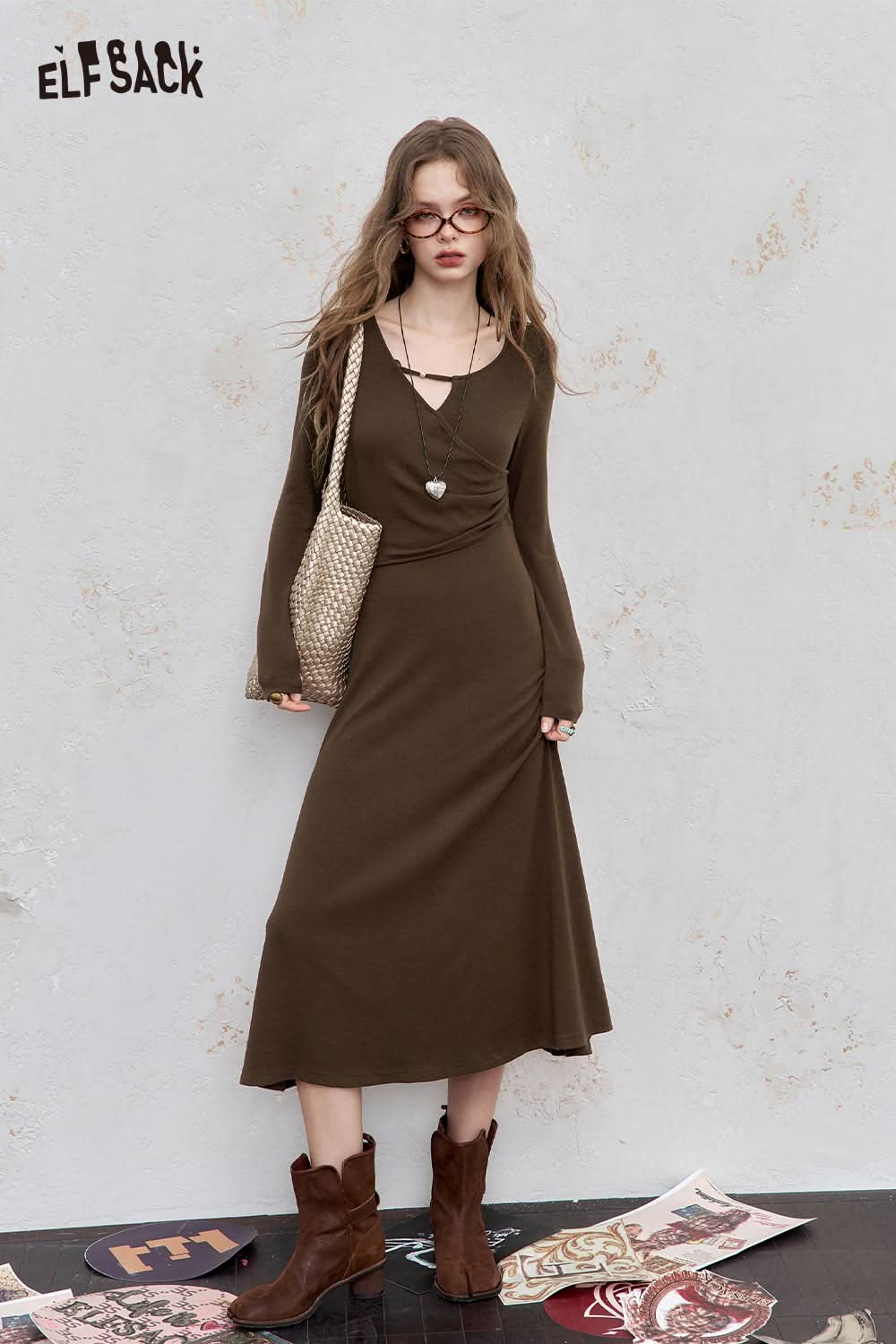 ELFSACK asymmetric neckline midi dress in olive green with long sleeves and a flattering silhouette