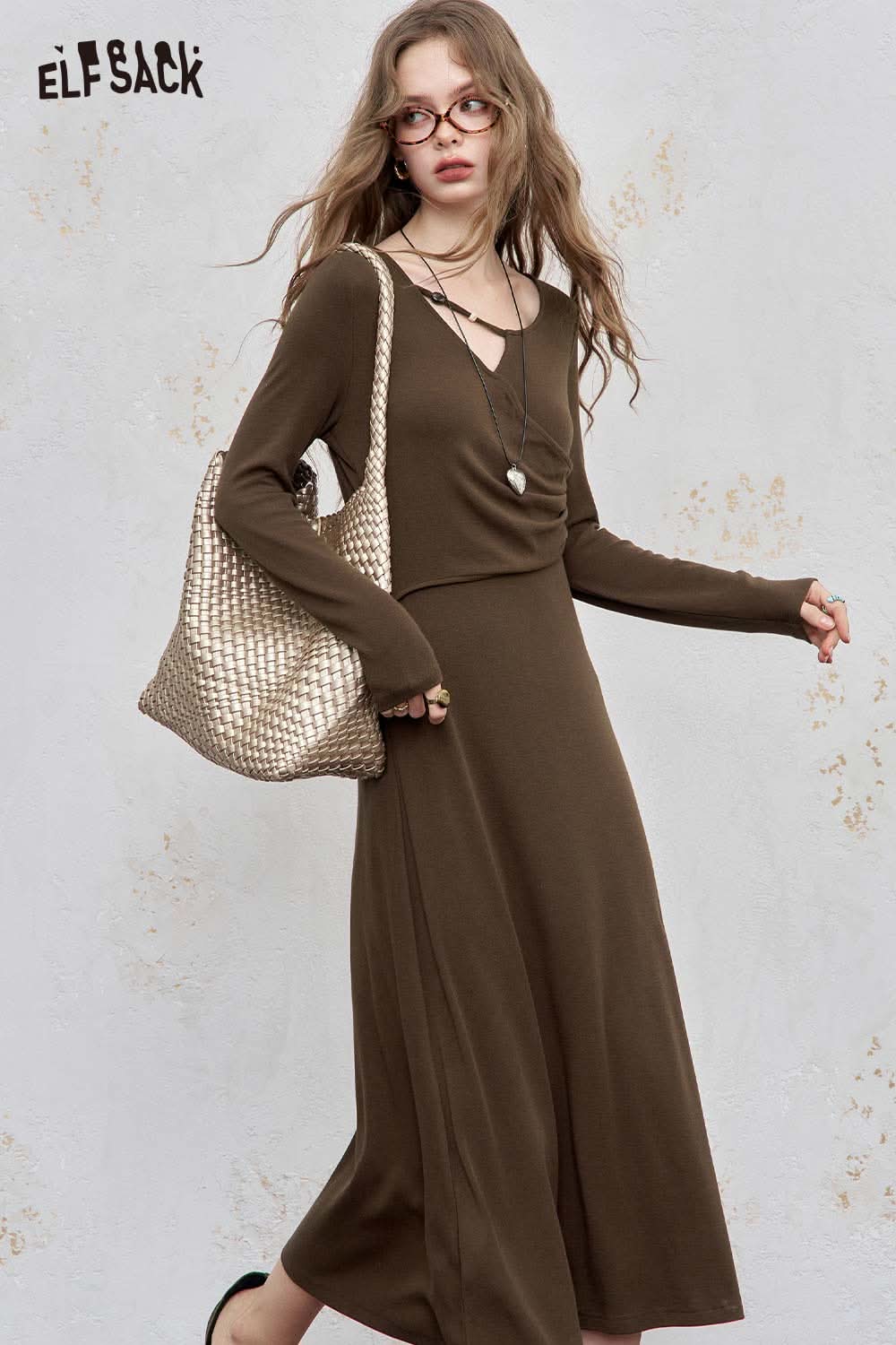 ELFSACK asymmetric neckline midi dress in brown with long sleeves and a flowing skirt