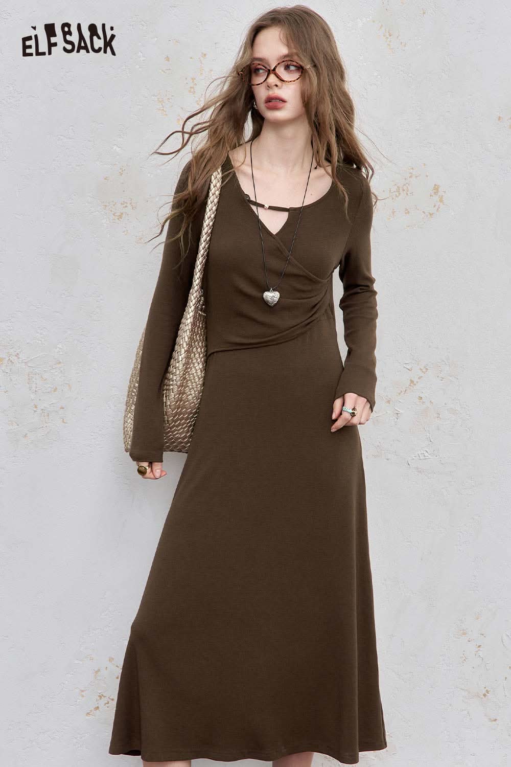 ELFSACK asymmetric neckline midi dress in brown with long sleeves and a flattering fit