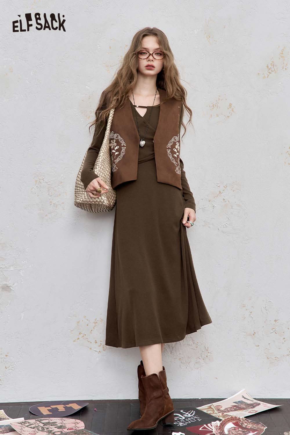 ELFSACK asymmetric neckline midi dress in brown with a stylish vest and fashionable accessories