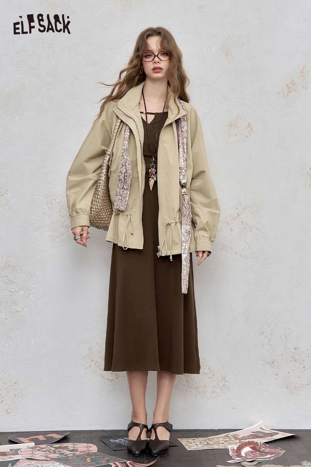 ELFSACK asymmetric neckline midi dress in brown paired with a stylish jacket for a chic look