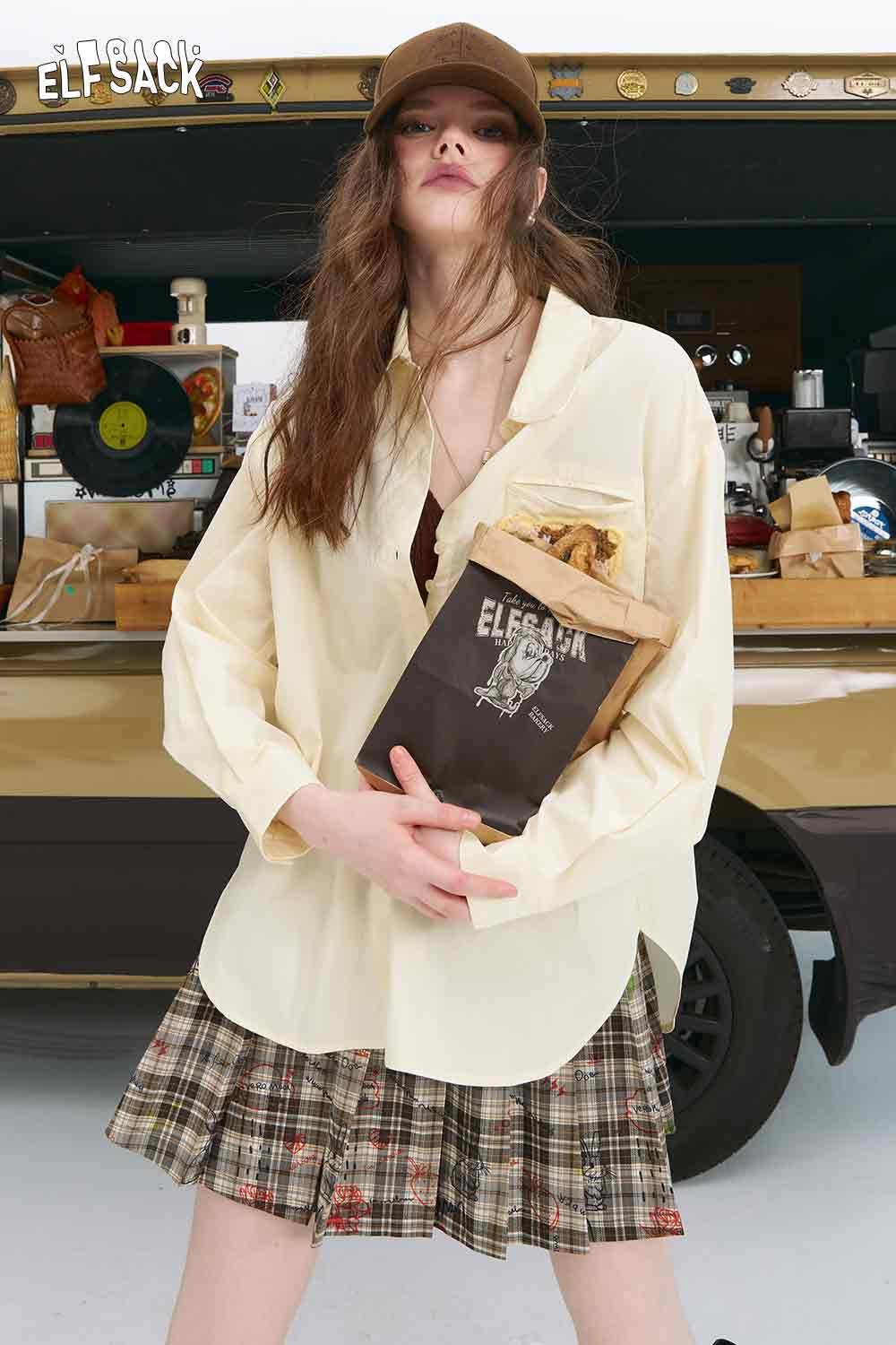 ELFSACK 3D handmade crocheted shirt oversized cream button down top styled with plaid skirt and brown cap
