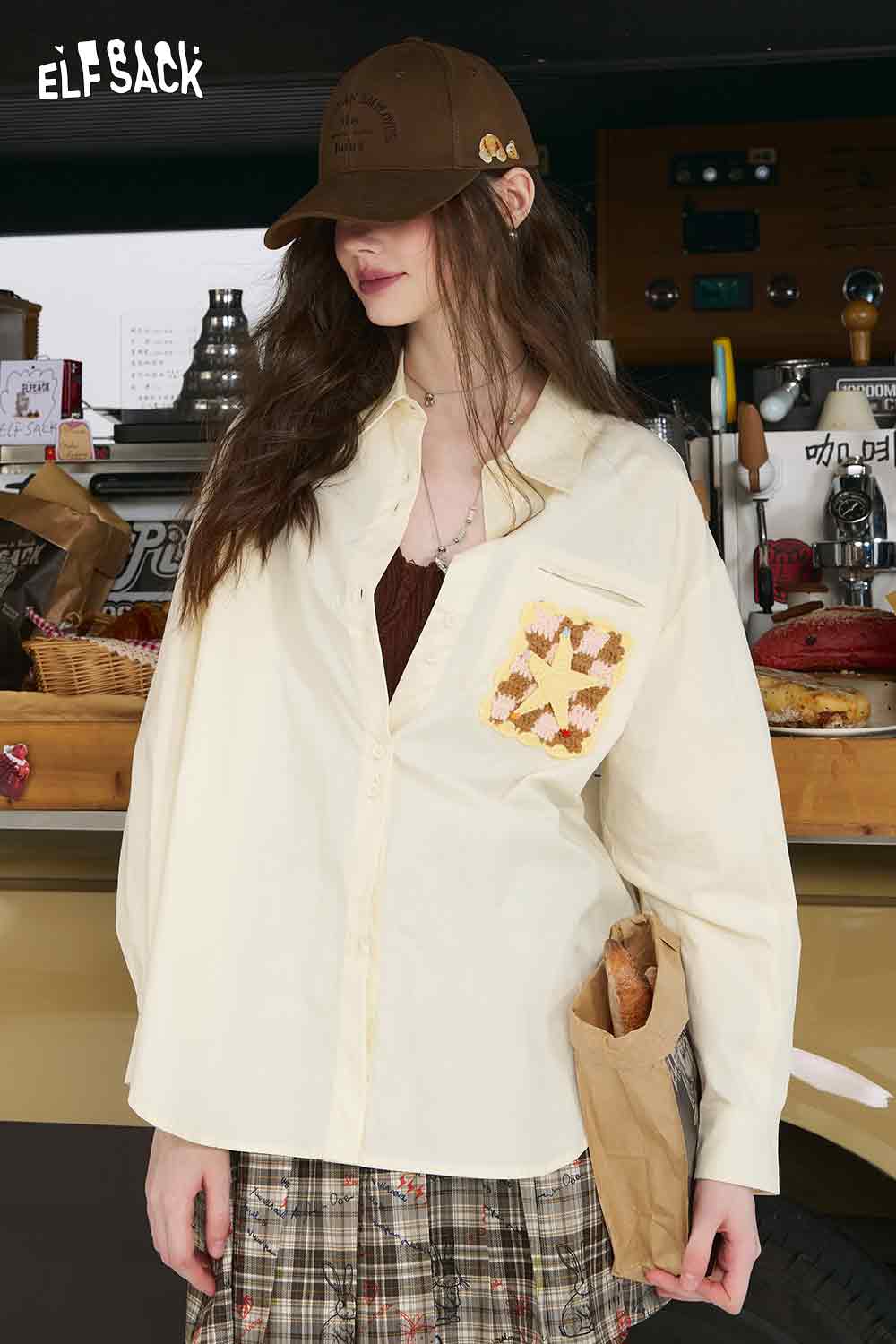 ELFSACK women cream button down shirt with pocket applique and 3D handmade crocheted shirt detail