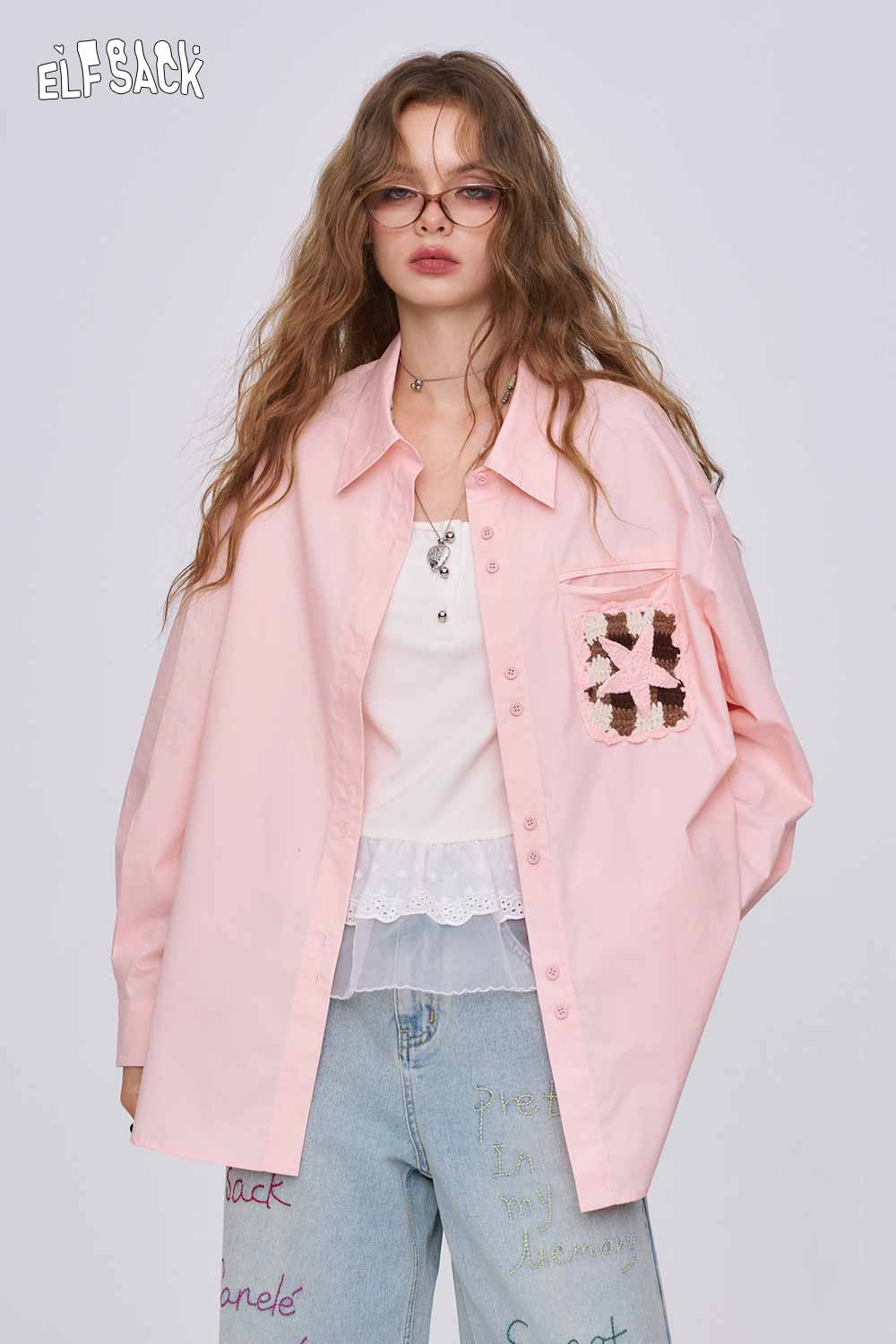 ELFSACK women oversized pink shirt with layered camisole and 3D handmade crocheted shirt pocket detail