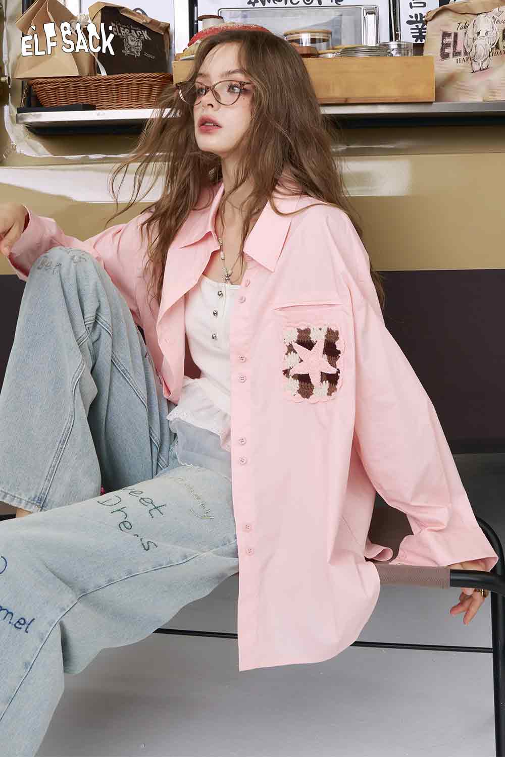 ELFSACK women pink oversized button down shirt with floral crochet pocket detail 3D handmade crocheted shirt