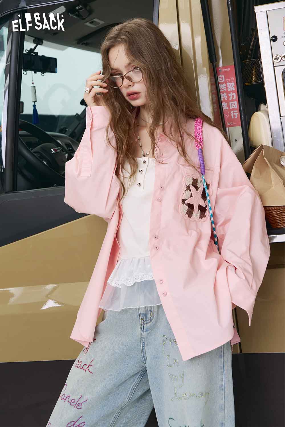 ELFSACK women oversized pink button shirt with 3D handmade crocheted shirt pocket detail