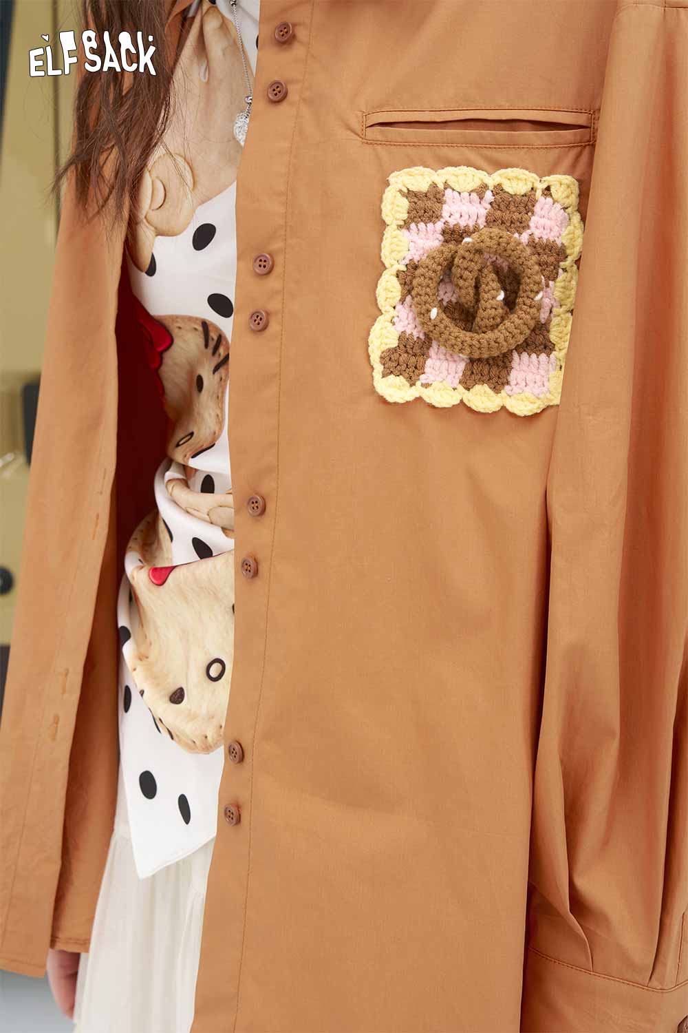 ELFSACK brown button shirt for women featuring a 3D handmade crocheted shirt pocket flower and polka dot inner top