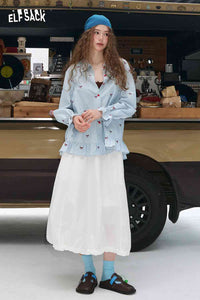 ELFSACK bow embroidered striped shirt for women light blue ruffled button shirt modeled with white maxi skirt