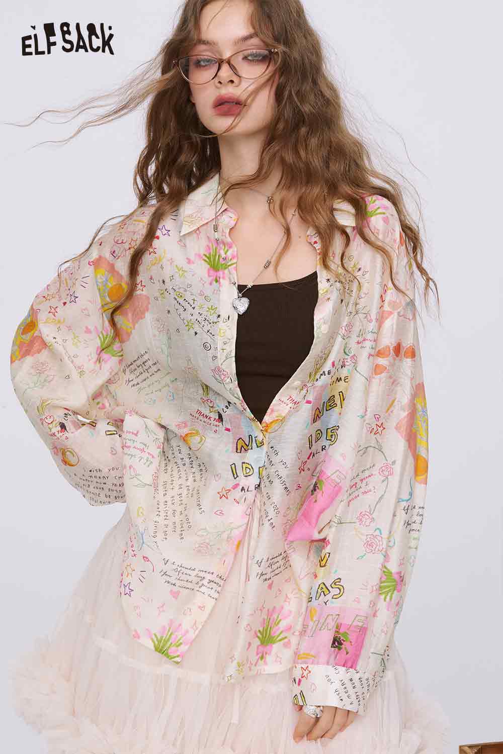 ELFSACK oversized pastel graffiti cartoon print shirt for women with long sleeves and button front