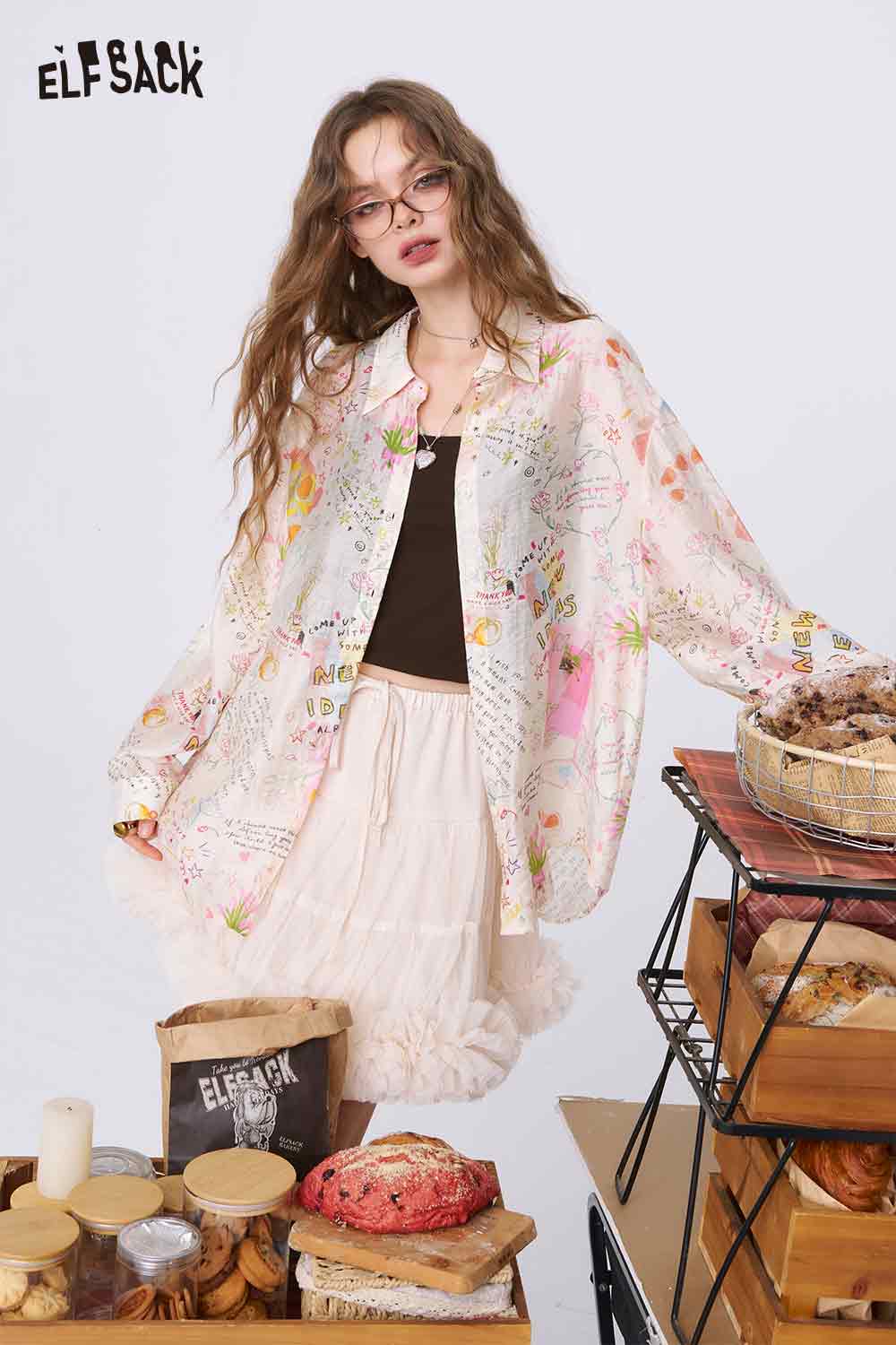 ELFSACK oversized sheer button shirt graffiti cartoon print shirt for women in pastel floral long sleeve