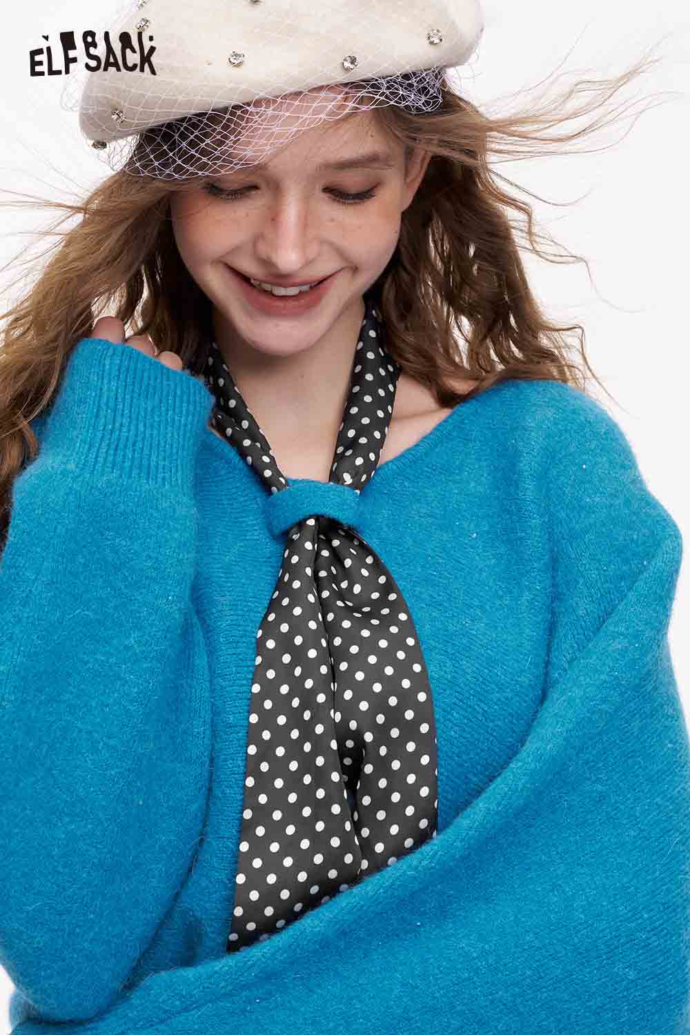 ELFSACK bat sleeve polka dot sweater in vibrant blue with a stylish neck scarf and playful design