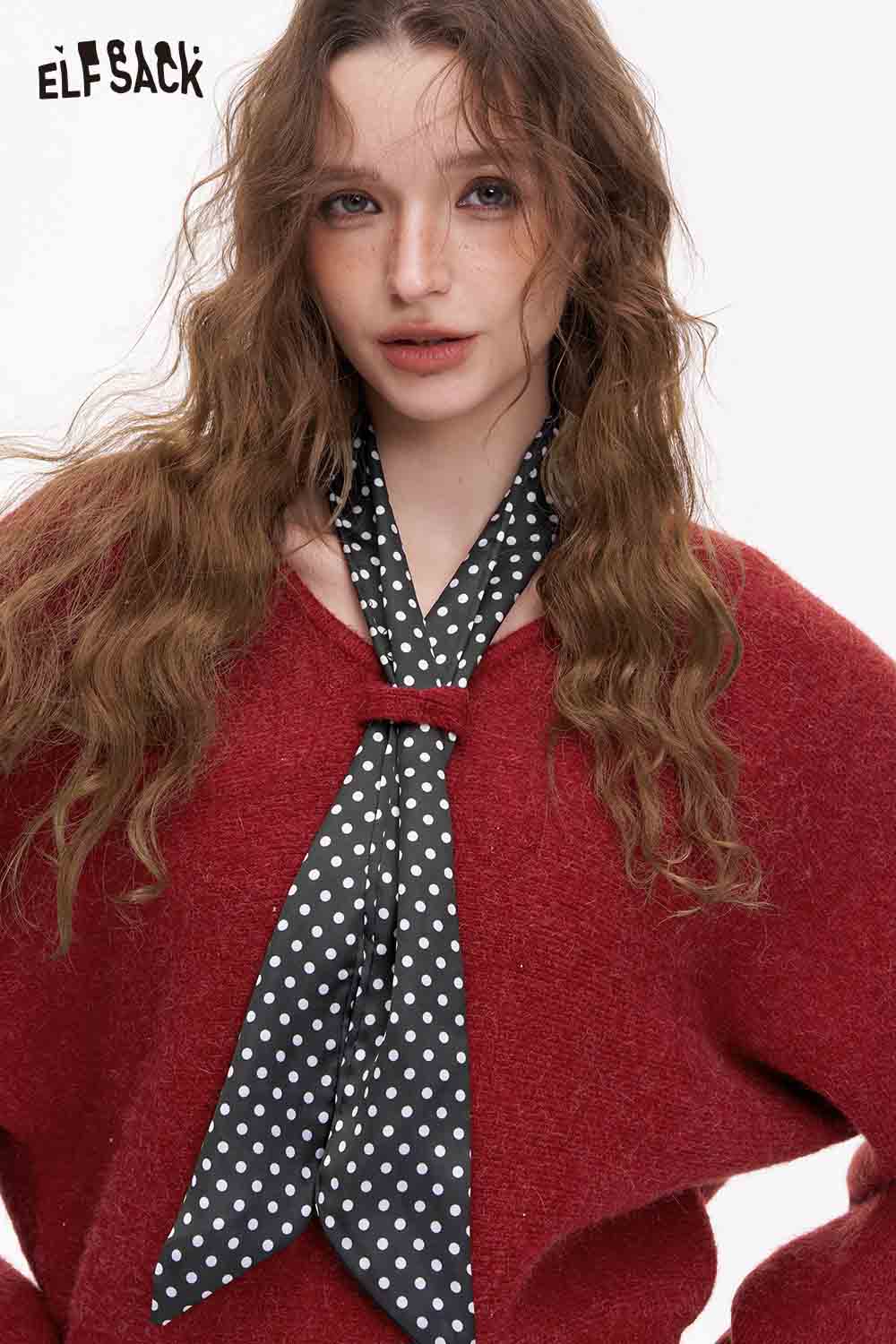 ELFSACK bat sleeve polka dot sweater in red with a stylish polka dot scarf for a trendy look