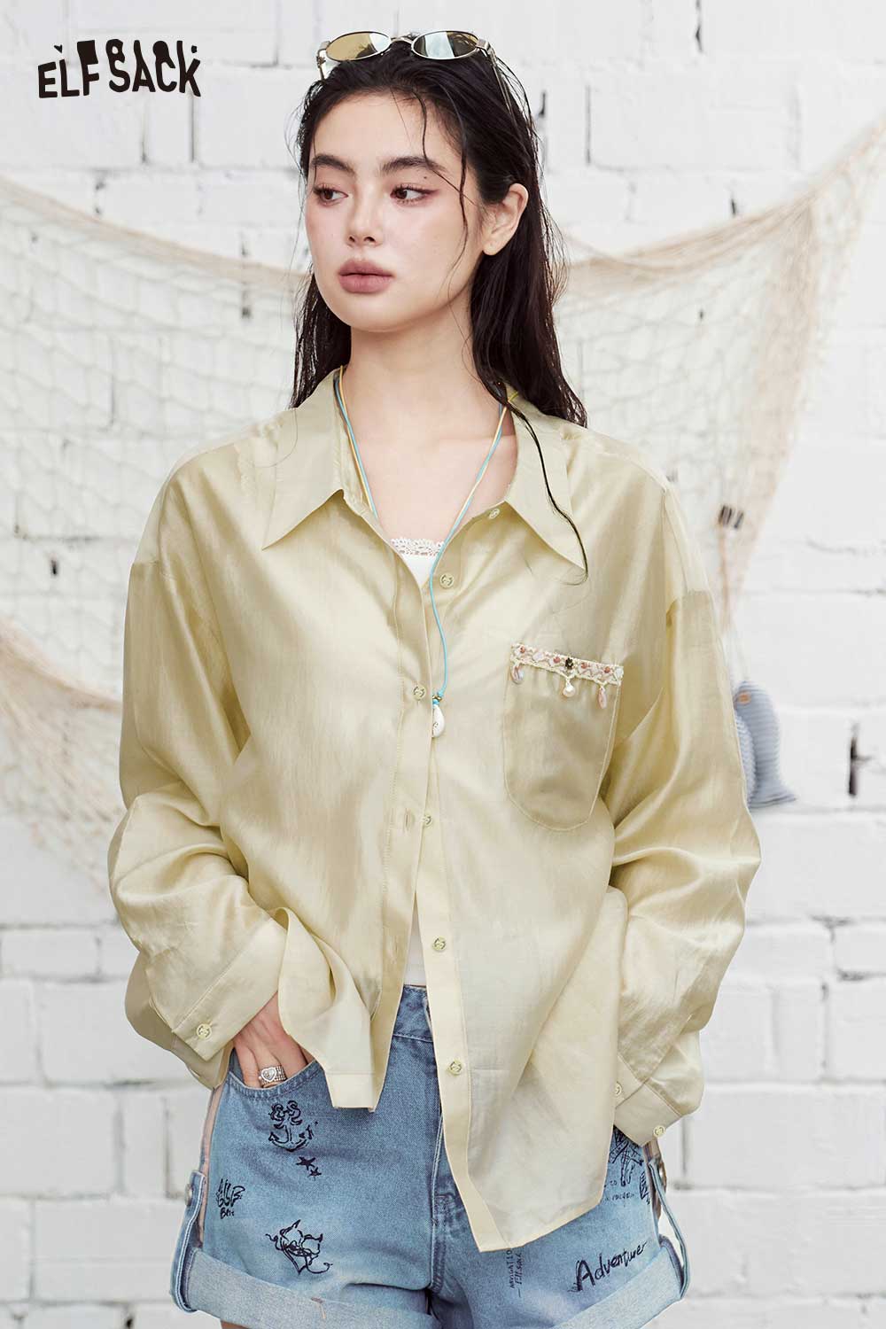 ELFSACK Beaded Detail Loose-Fit Button-Up Shirt