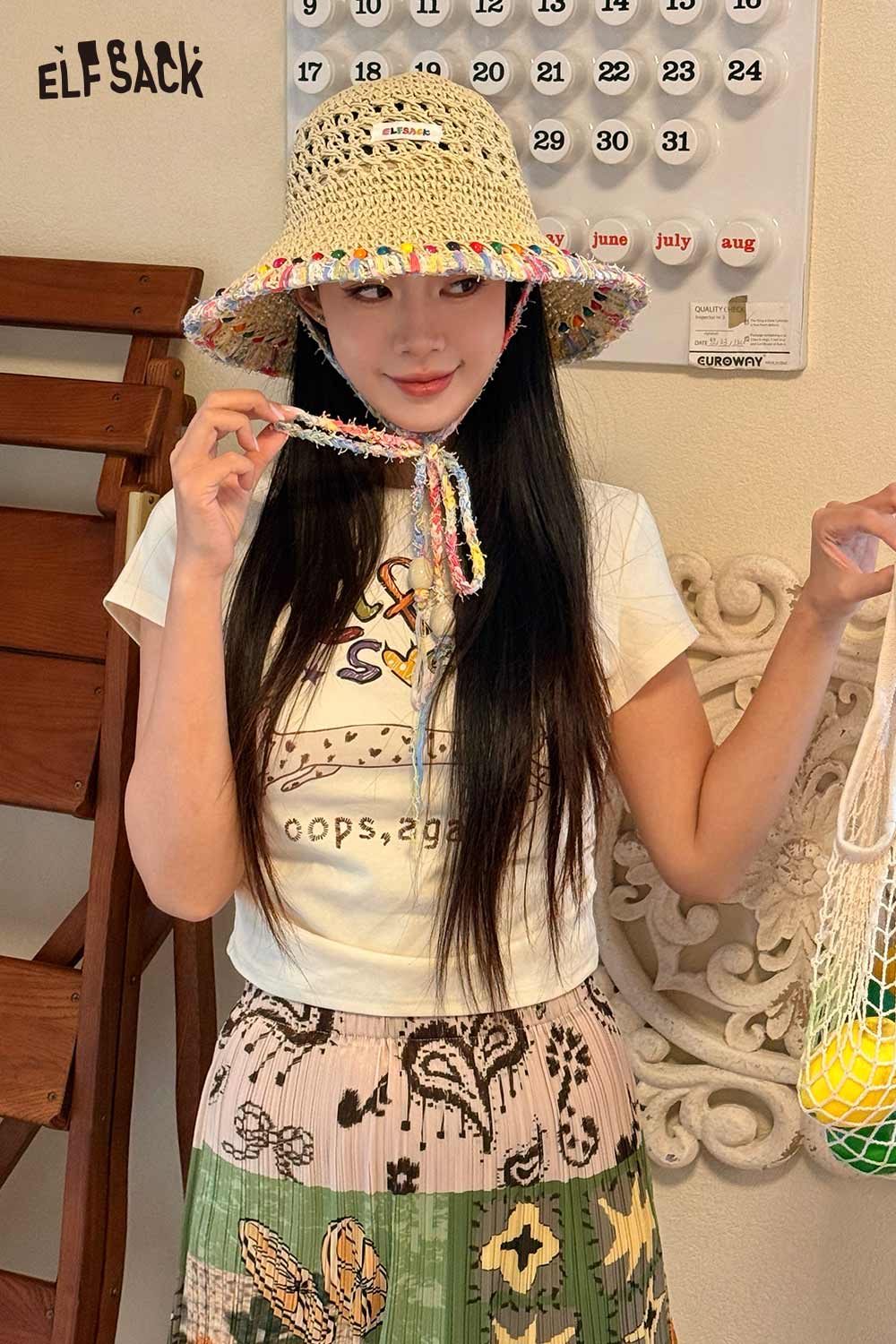 ELFSACK Beaded Tassel Crochet Straw Sun Hat
