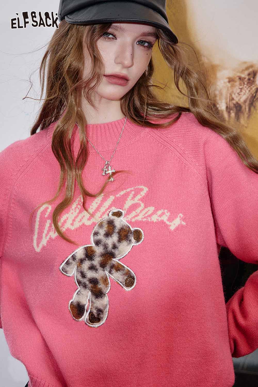 ELFSACK bear embroidery knit top in pink featuring a furry teddy bear design on the front