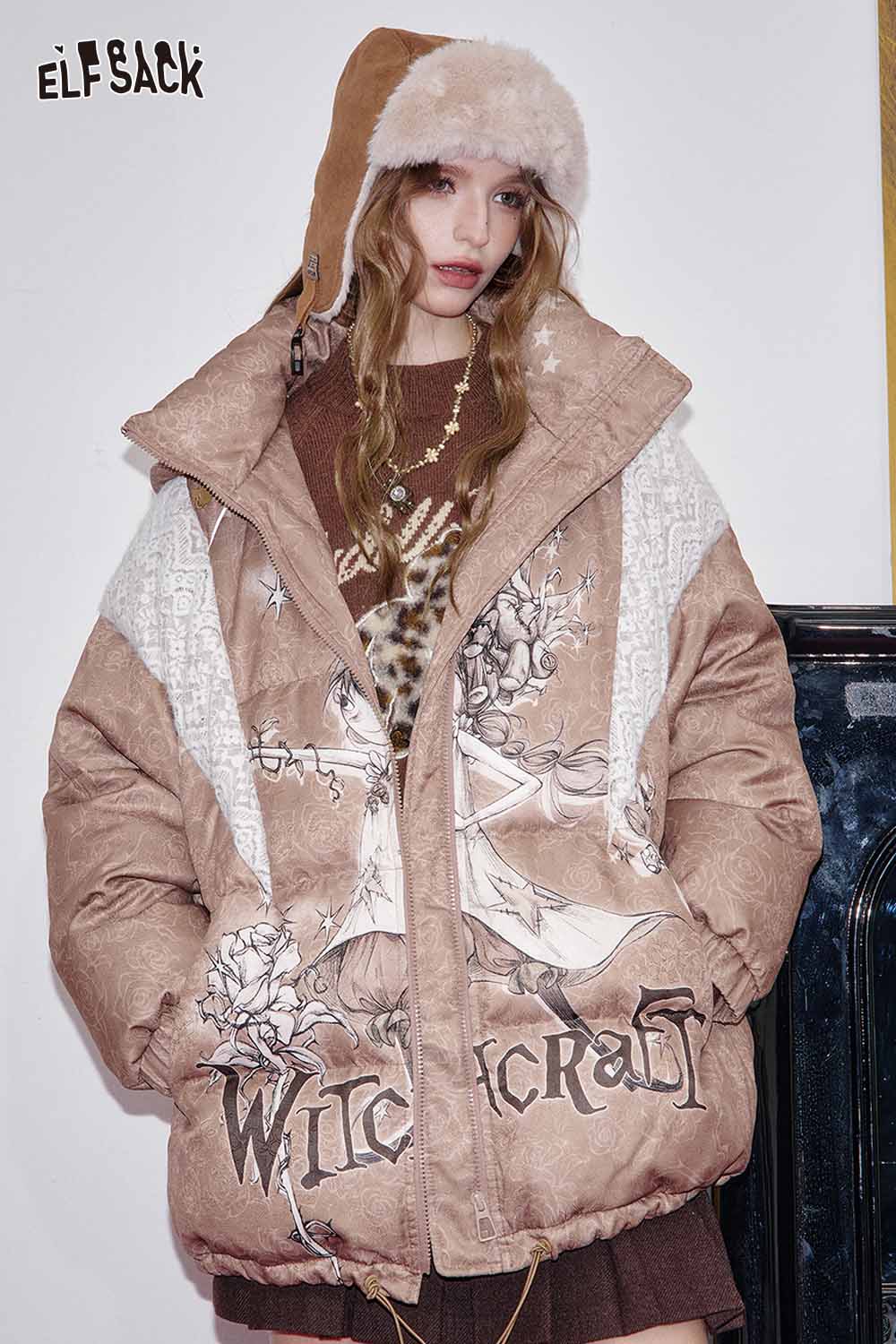 ELFSACK brown knitwear featuring a bear embroidery knit top with cozy hood for stylish warmth