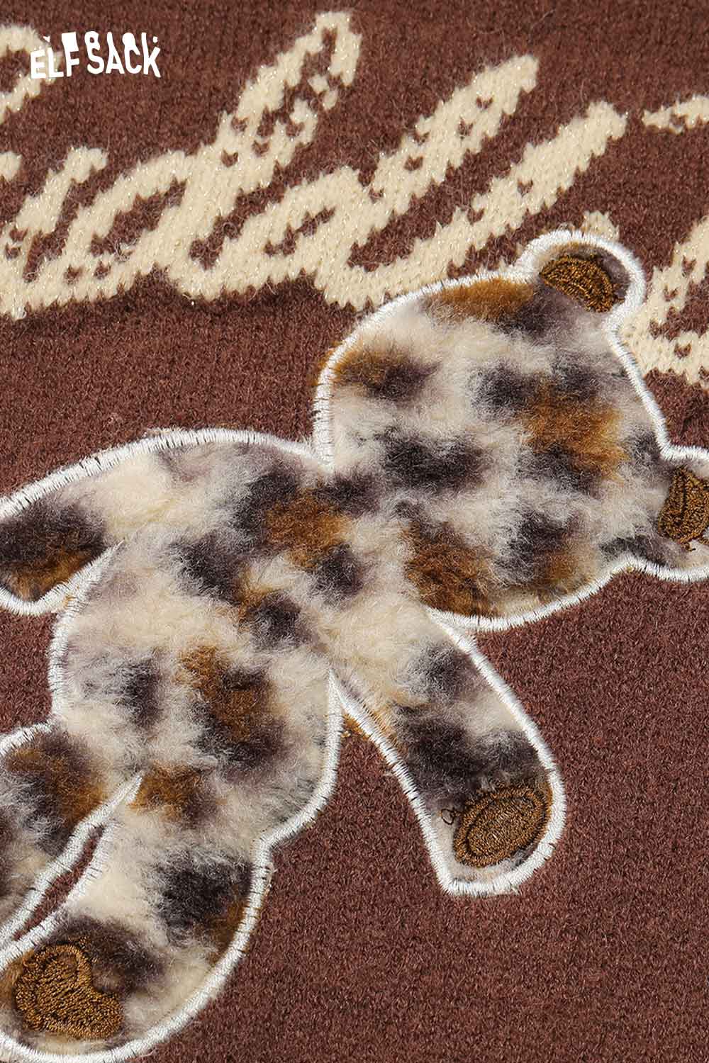 ELFSACK bear embroidery knit top featuring a cute bear design on a brown background
