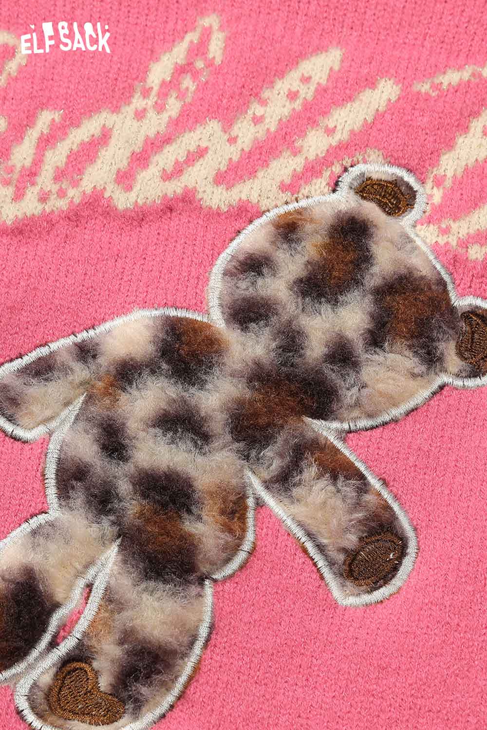 ELFSACK pink knit top featuring bear embroidery knit top with a playful teddy bear design