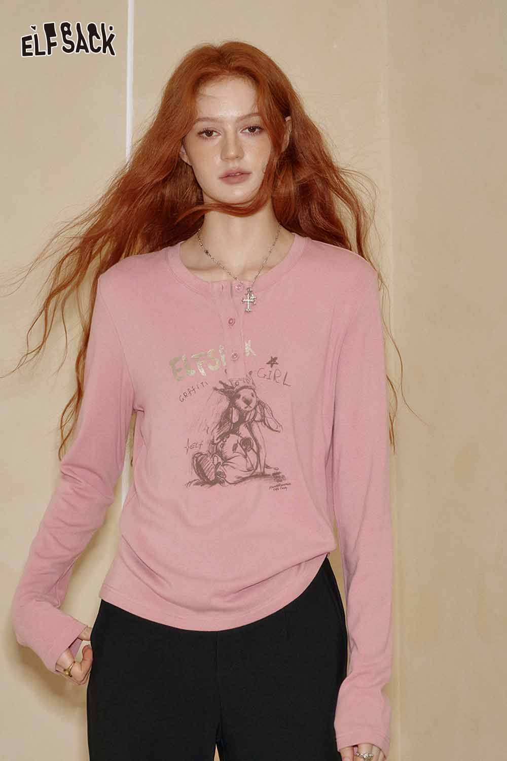 ELFSACK bear graphic relaxed fit tee in soft pink with long sleeves and casual style