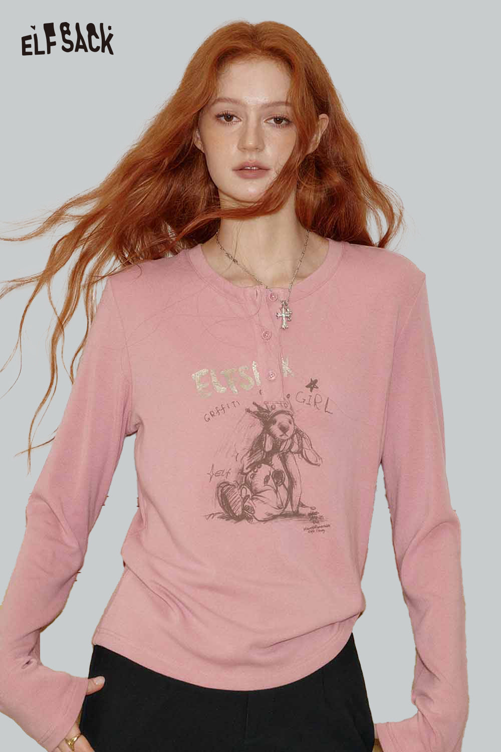 ELFSACK bear graphic relaxed fit tee in pink with unique cartoon design for casual wear