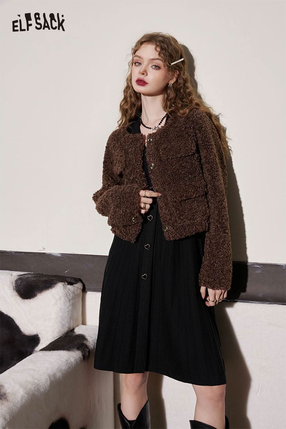 ELFSACK Black Knit Sheath Dress with Button Details, Styled with a Cozy Brown Jacket