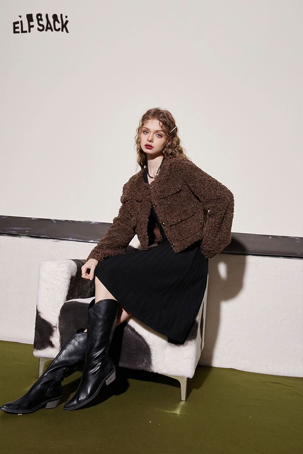 ELFSACK black knit sheath dress styled with a chic brown jacket and tall black boots