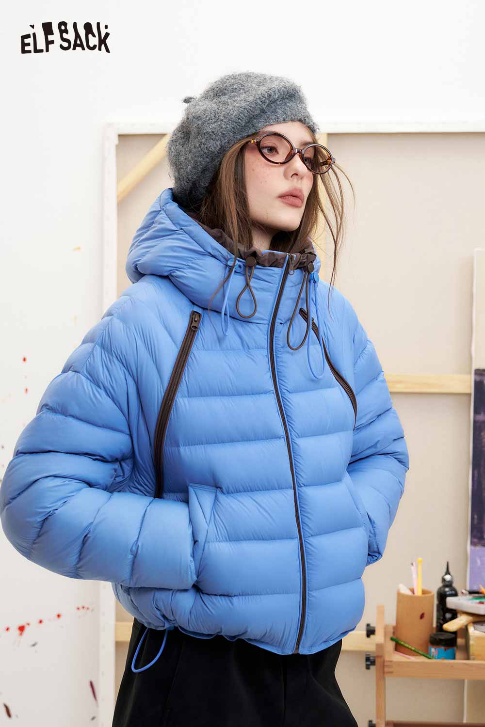 Blue Hooded Cropped Puffer Down Jacket