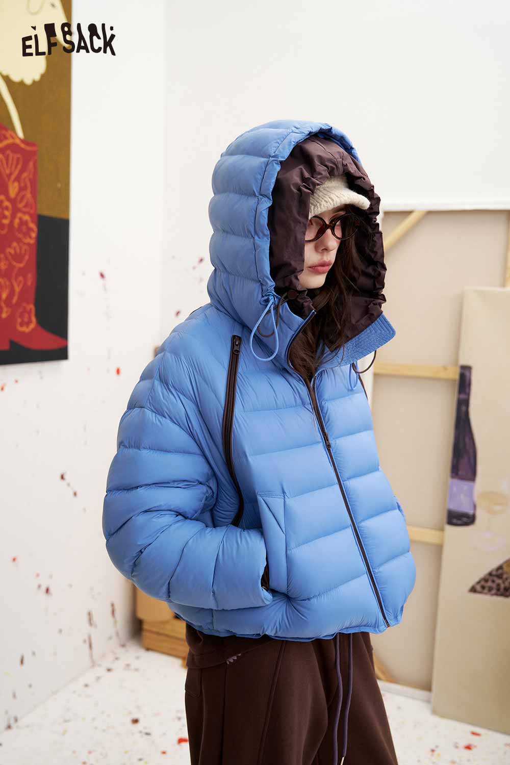 Blue Hooded Cropped Puffer Down Jacket