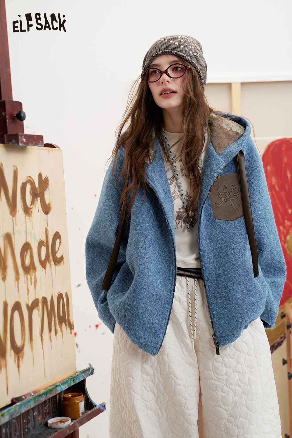 Blue Hooded Zip Up Patched Short Coat