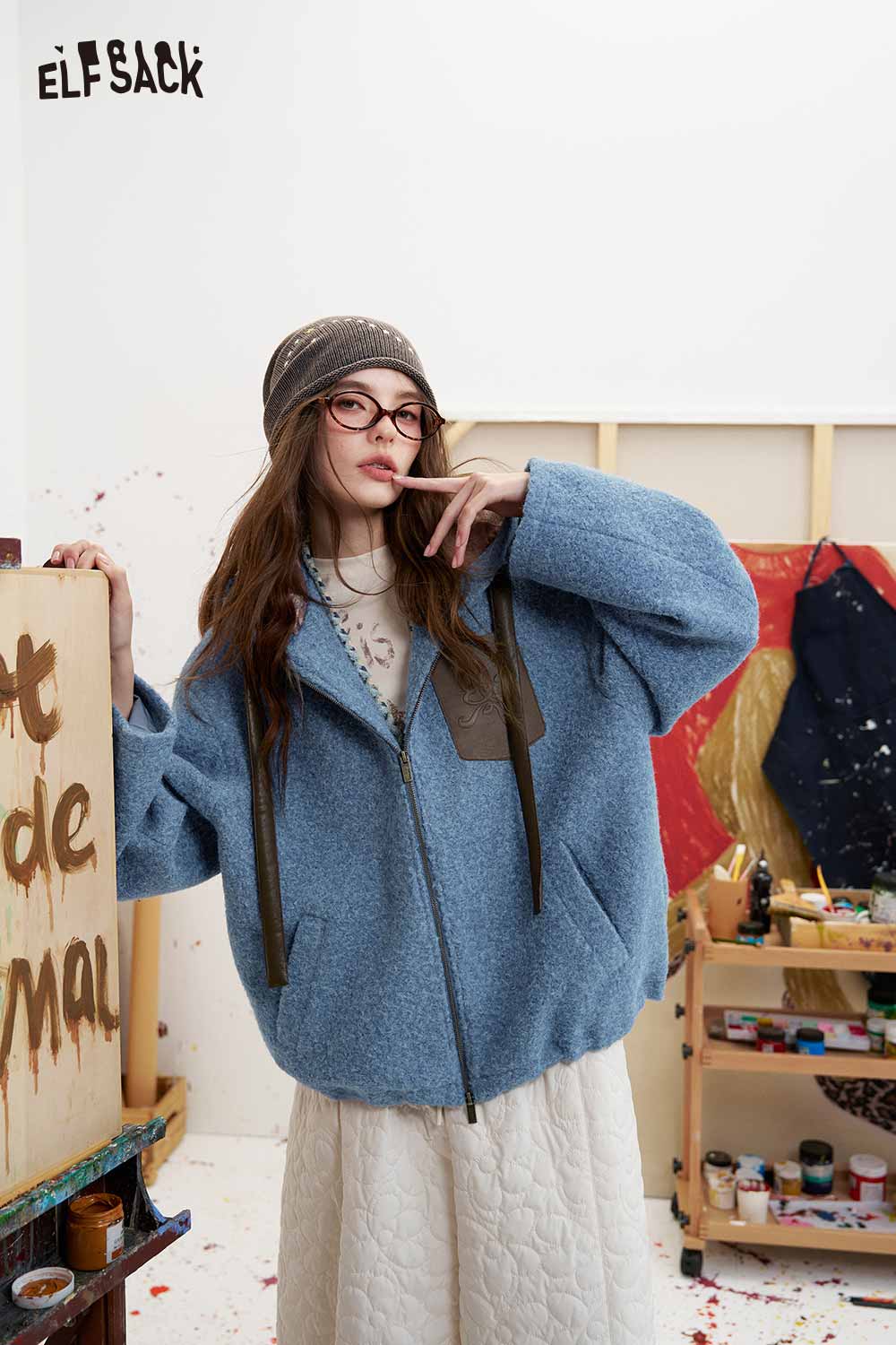 Blue Hooded Zip Up Patched Short Coat