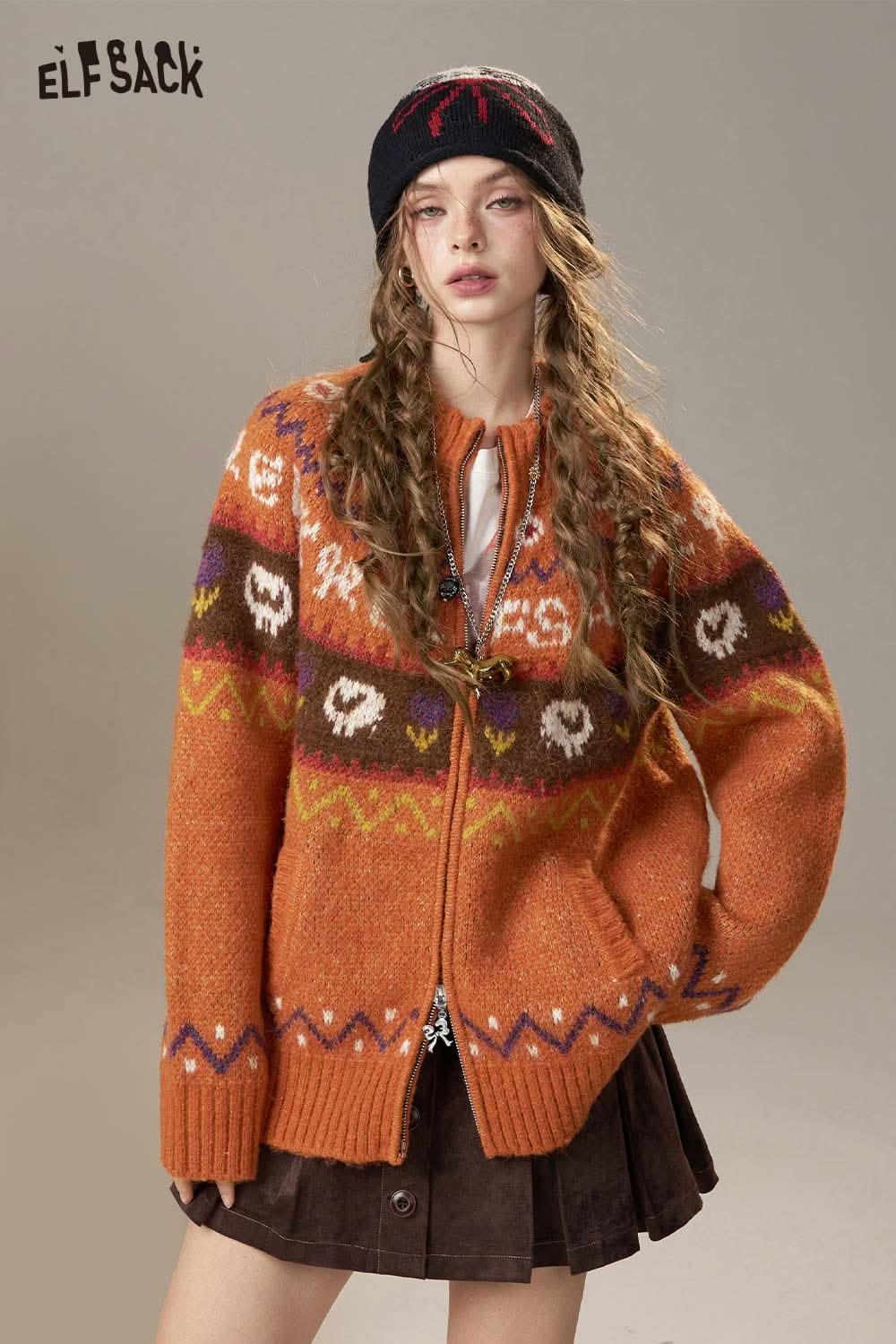 ELFSACK bohemian color block cardigan in orange and brown with retro patterns and a cozy fit