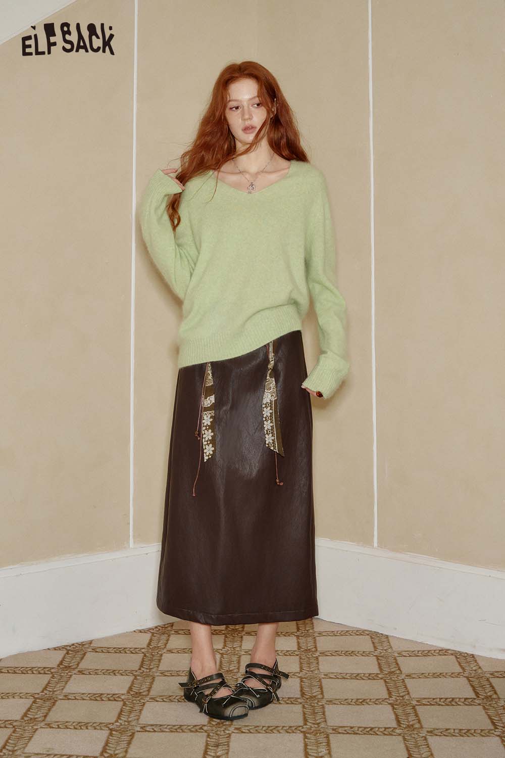 ELFSACK bohemian embroidery maxi skirt paired with a soft green sweater for a stylish look