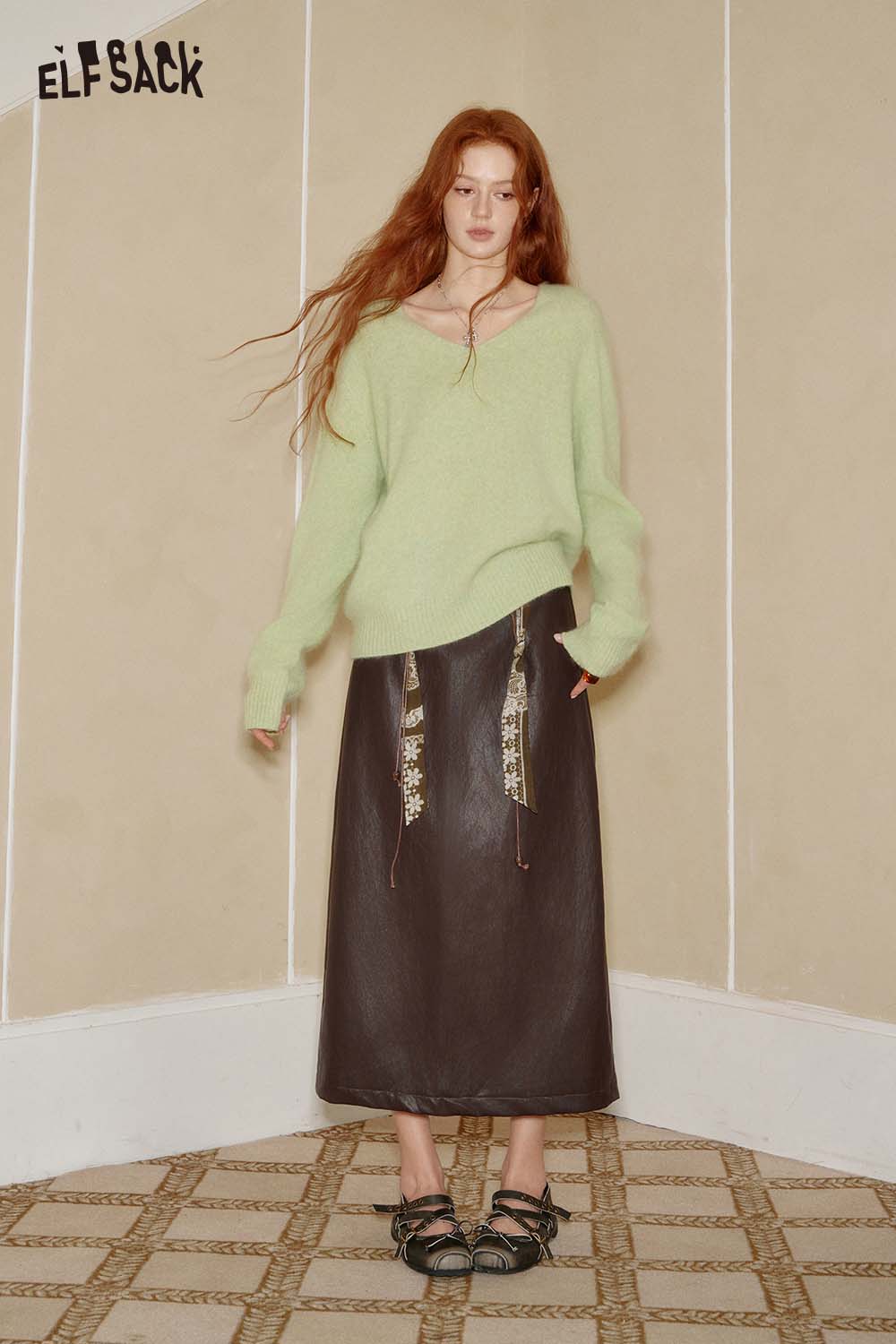 ELFSACK Bohemian embroidery maxi skirt paired with a cozy sweater for a stylish look
