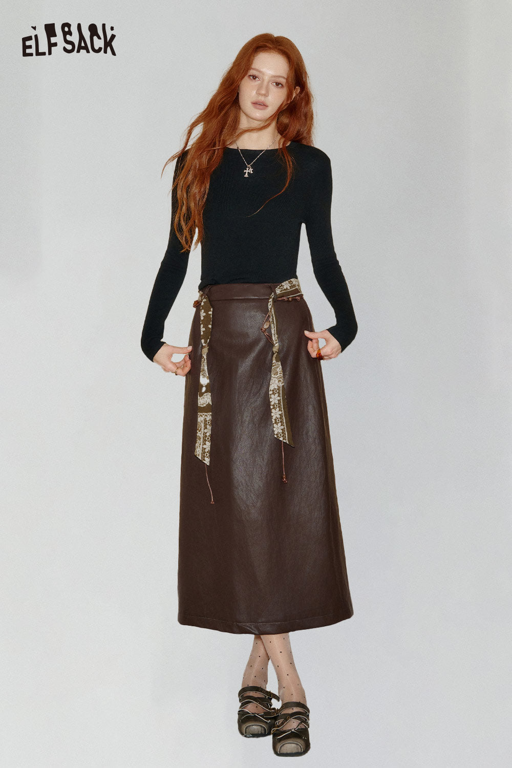 ELFSACK bohemian embroidery maxi skirt in brown with decorative ties and a sleek silhouette