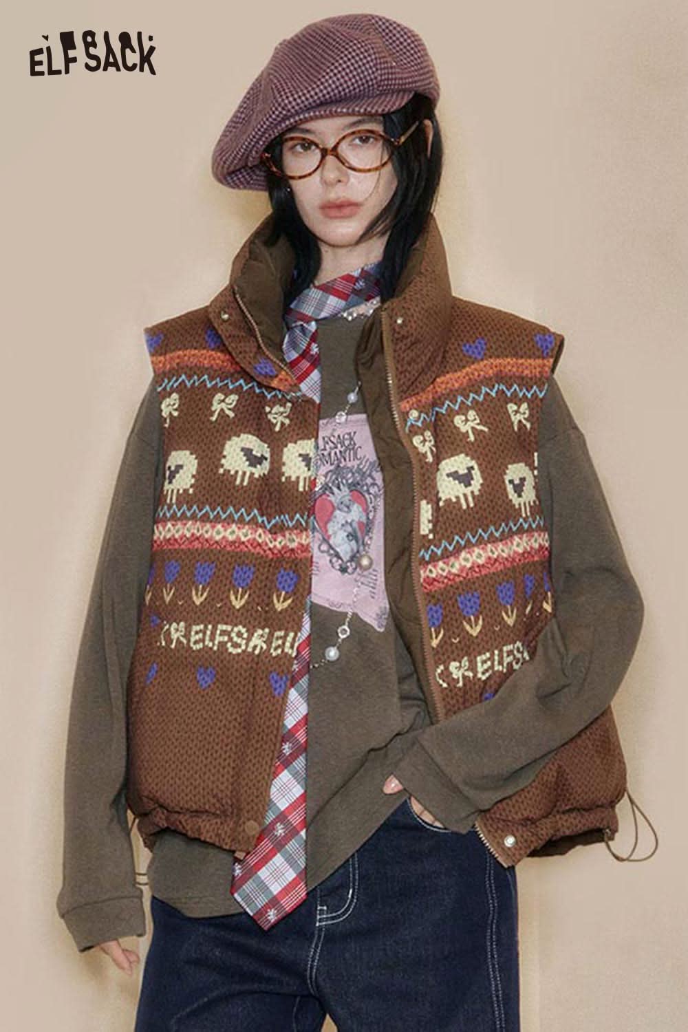 ELFSACK bohemian floral reversible vest styled with a graphic tee and plaid shirt