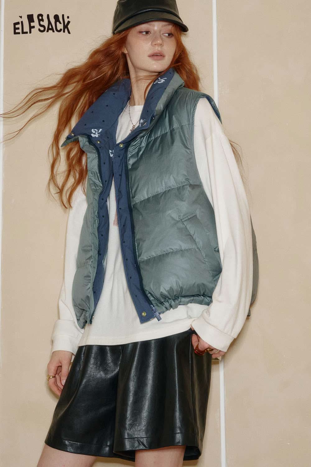 ELFSACK Bohemian Floral Reversible Vest in Green and Navy for Stylish Layering