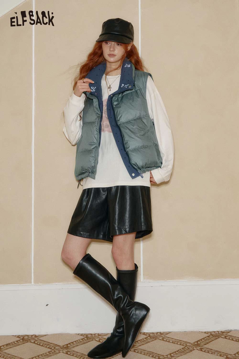 ELFSACK bohemian floral reversible vest in green with quilted design perfect for stylish layering