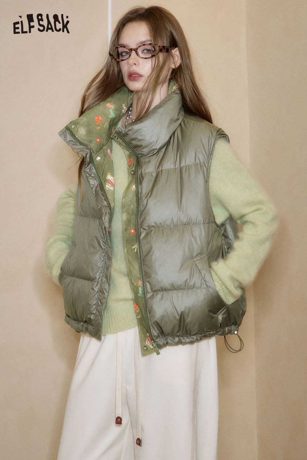 ELFSACK bohemian floral reversible vest in olive green with floral embroidery and a relaxed fit look