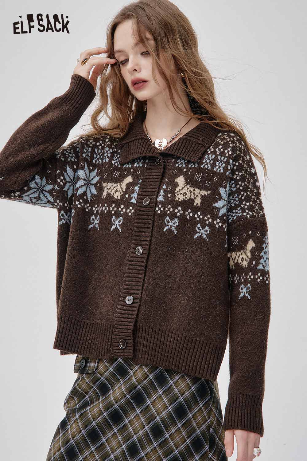 ELFSACK bohemian knit cardigan for women in brown with winter patterns and buttons