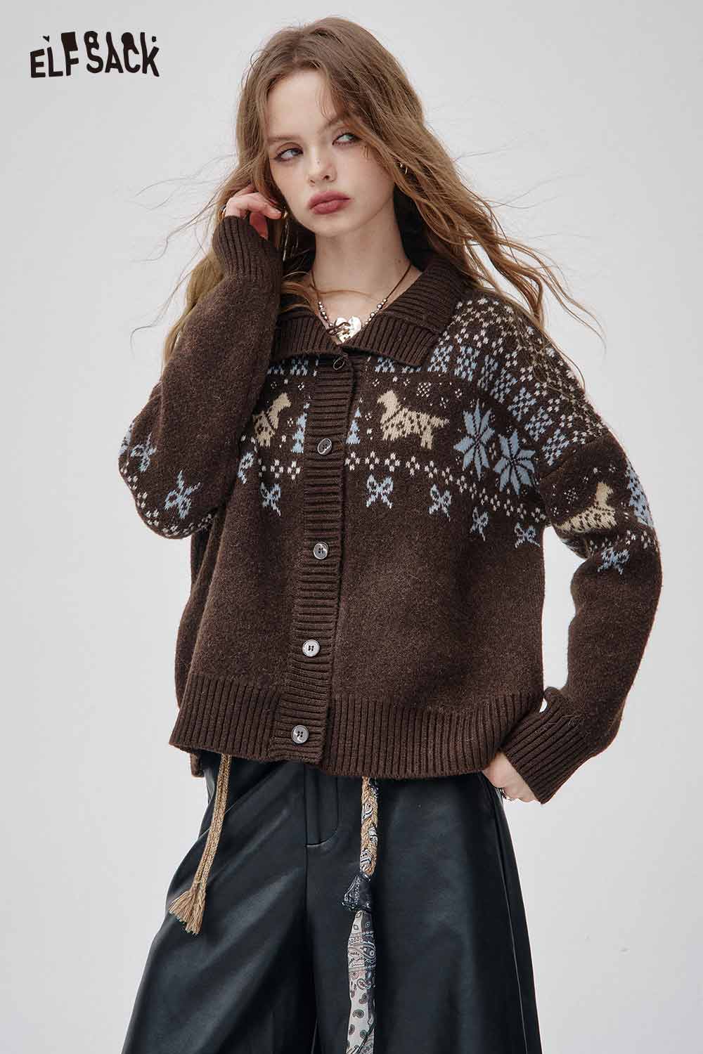 ELFSACK Brown Bohemian Knit Cardigan for Women with Colorful Pattern and Buttons