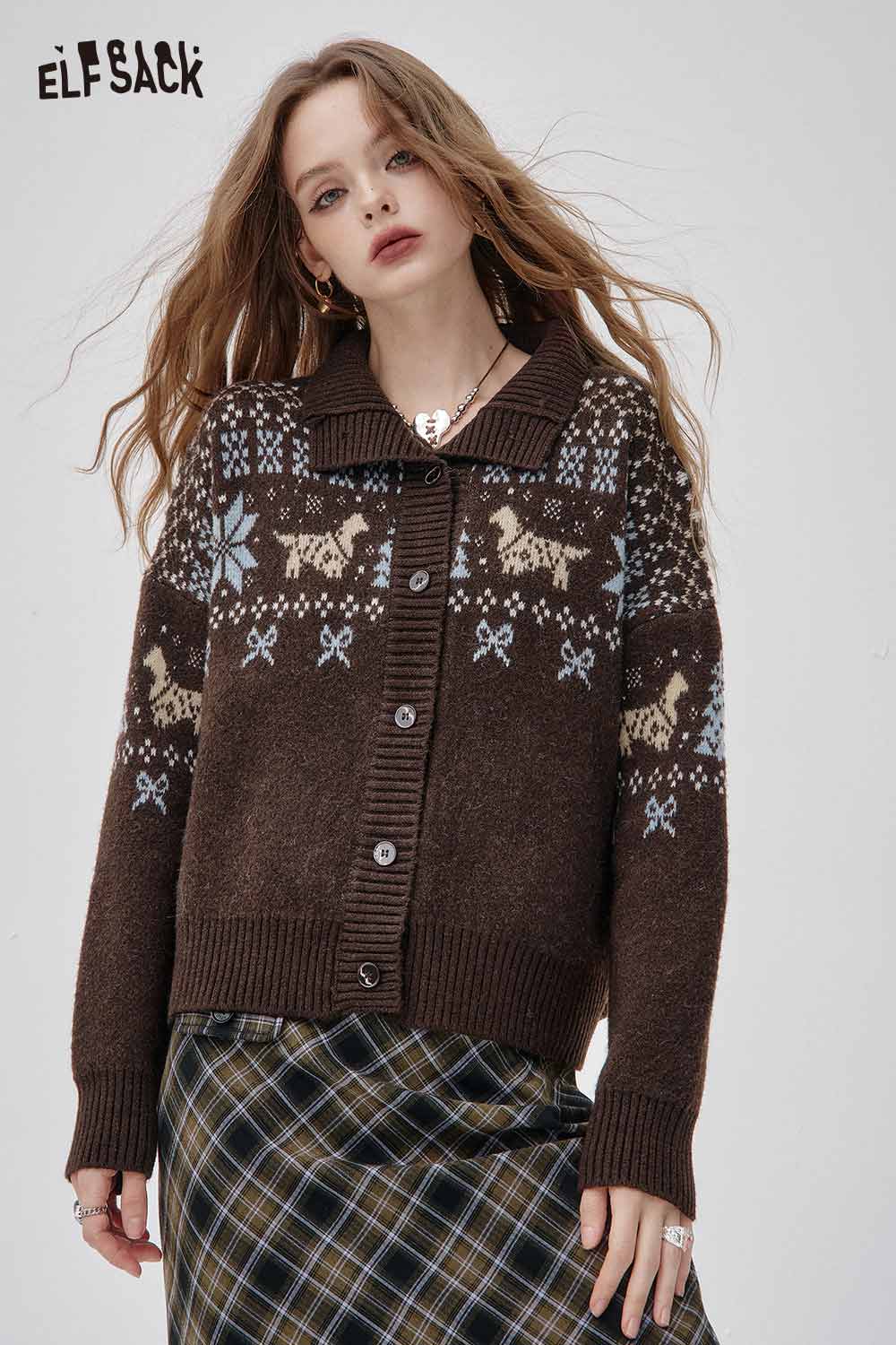 ELFSACK Bohemian knit cardigan for women in brown with a unique patterned design and buttons
