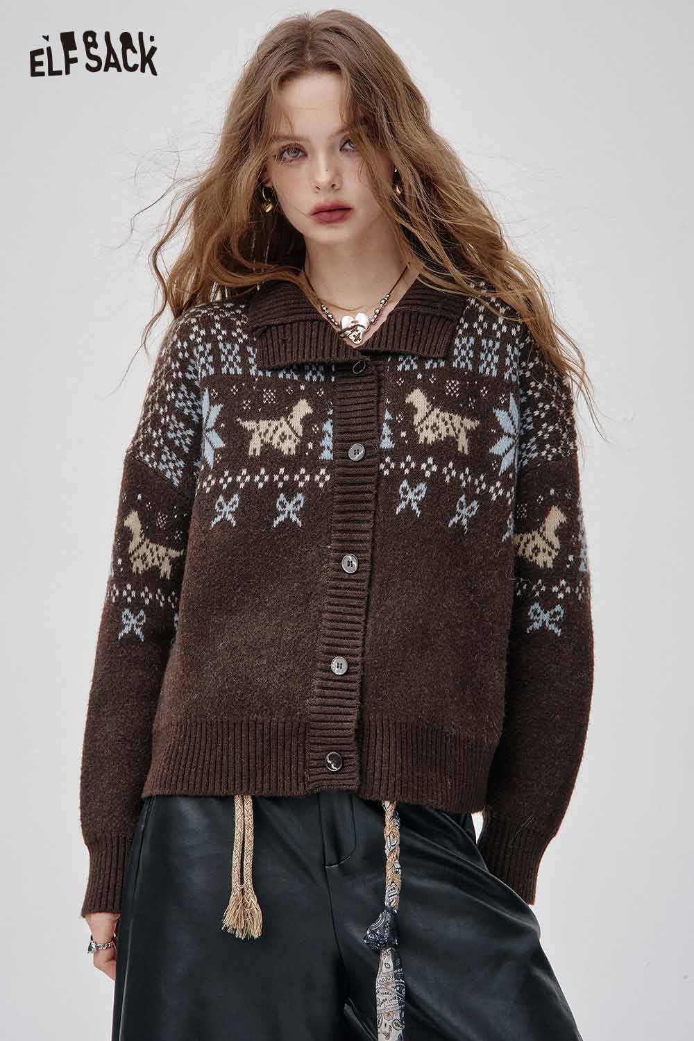 ELFSACK bohemian knit cardigan for women in brown with patterned design and button closure