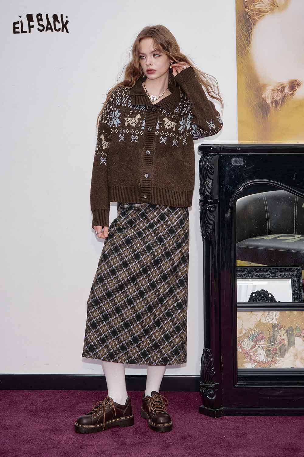 ELFSACK bohemian knit cardigan for women with intricate patterns, paired with a stylish plaid skirt