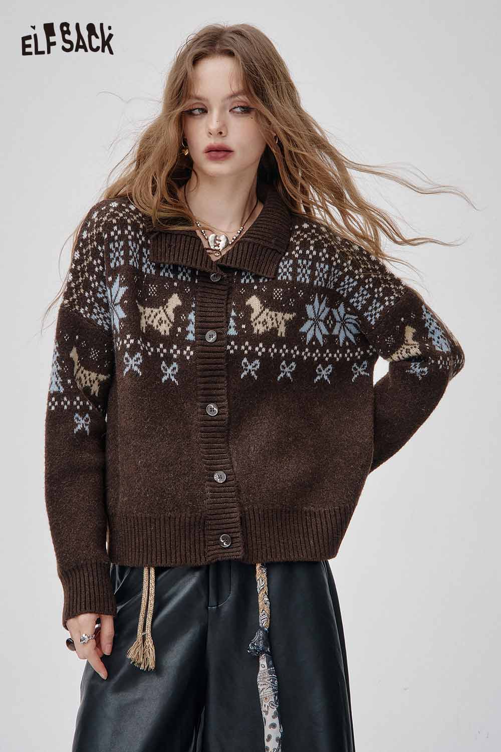 ELFSACK bohemian knit cardigan for women featuring a stylish pattern and buttons for a cozy look